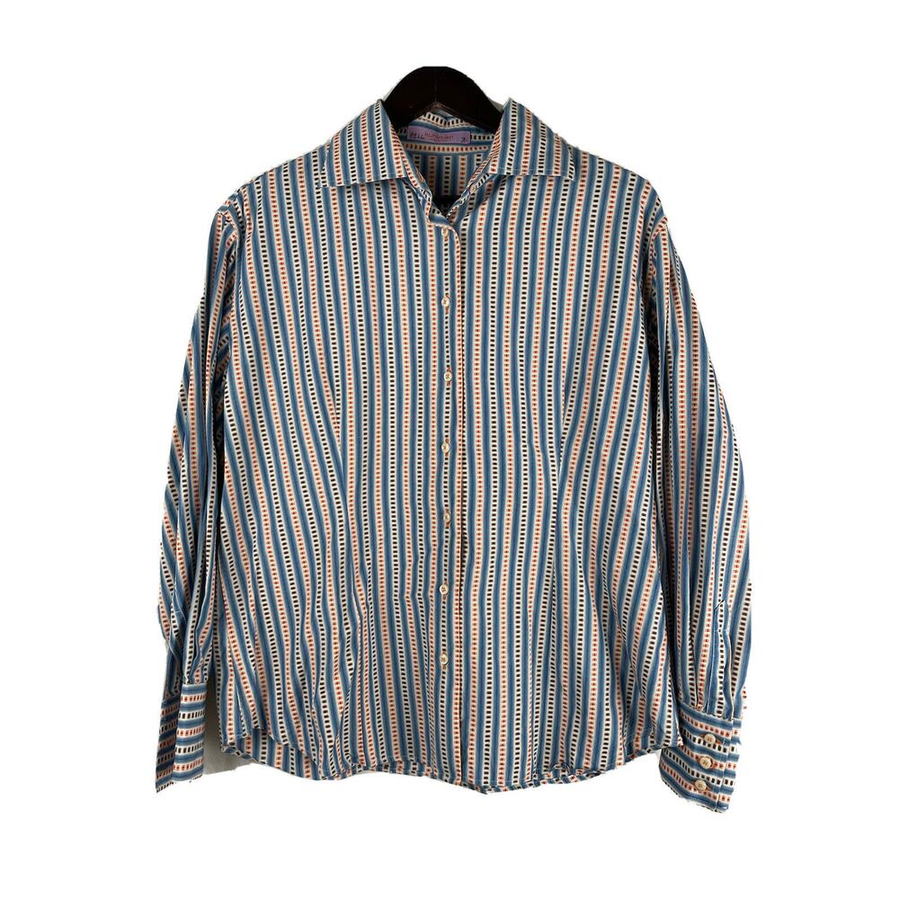 Kuhlman Made in Italy Men's Button Front Dress Shirt Blue Orange Striped. Large